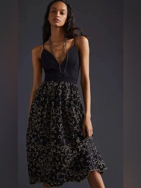 Anthropologie Black Midi Dress with Gold Embroidery